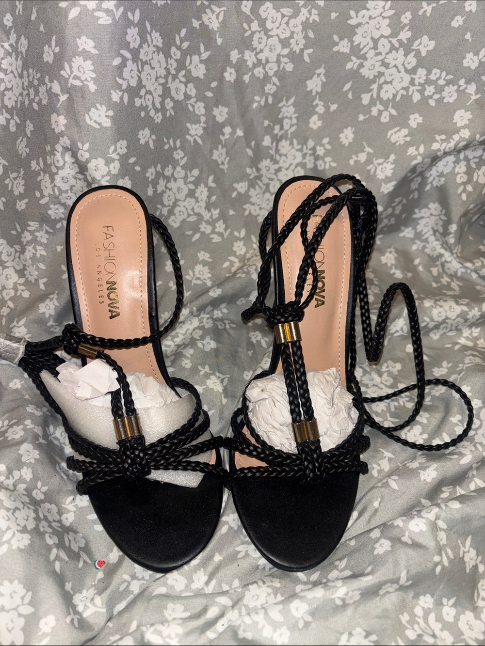 Fashion Nova Black Braided Lace-Up Heels with Gold Accents